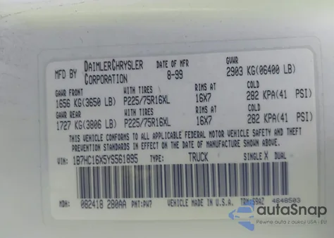 2000 Dodge Ram 1500 St/Ws from USA, damaged, VIN 1B7HC16X5YS561895